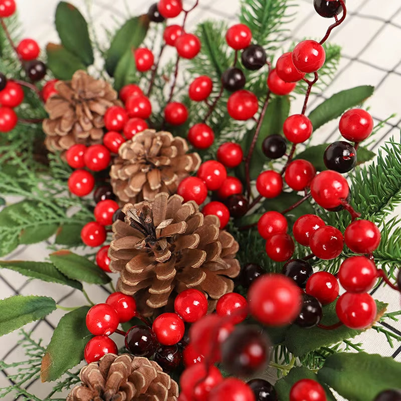 Christmas Rattan Wreath Pine Natural Branches Berries&Pine Cones Christmas Wreath Supplies Home Door Decoration for New Year'S