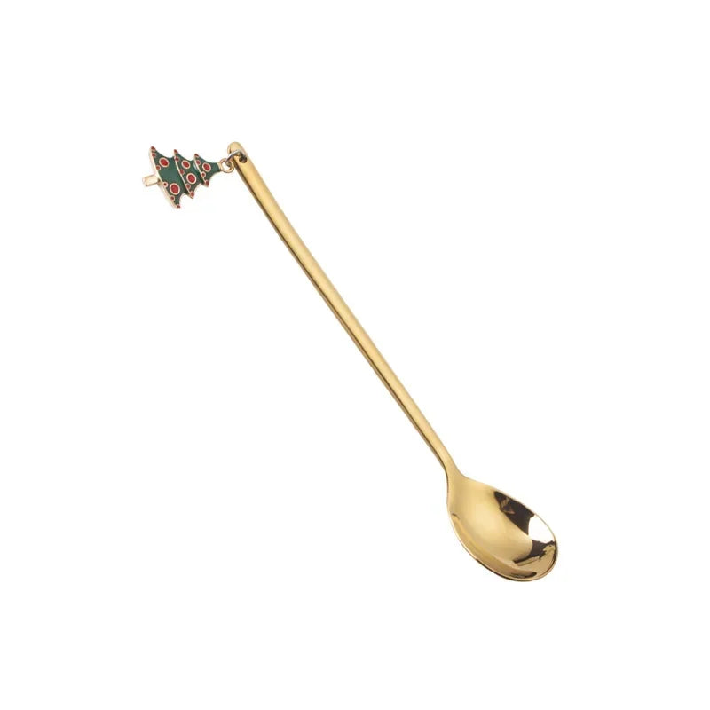 New Year 2021 Stainless Steel Christmas Spoons Xmas Party Coffee Spoon with Christmas Pendant Christmas Decorations Noel Gift