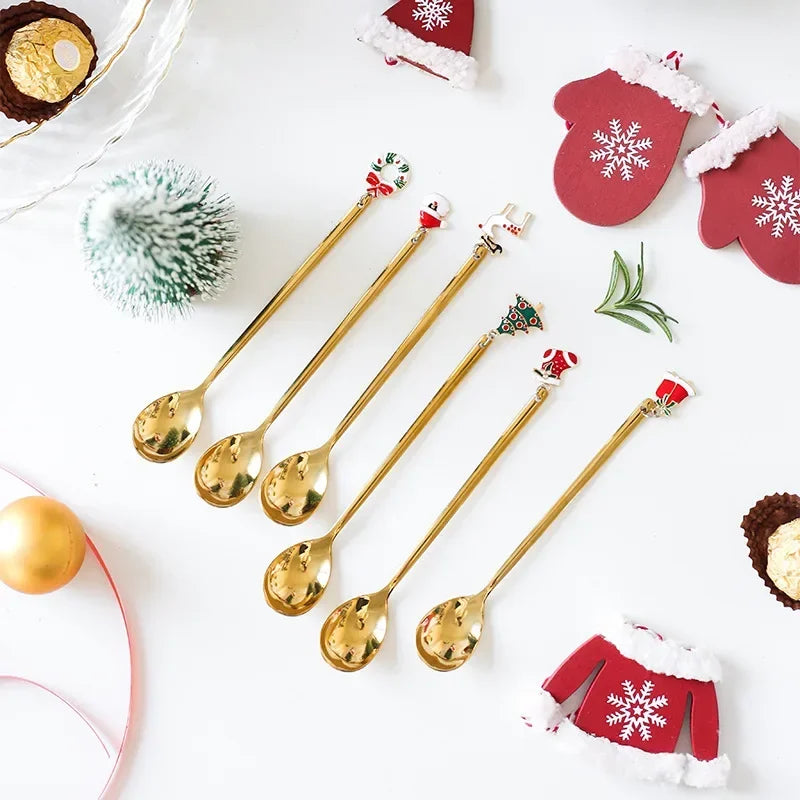New Year 2021 Stainless Steel Christmas Spoons Xmas Party Coffee Spoon with Christmas Pendant Christmas Decorations Noel Gift