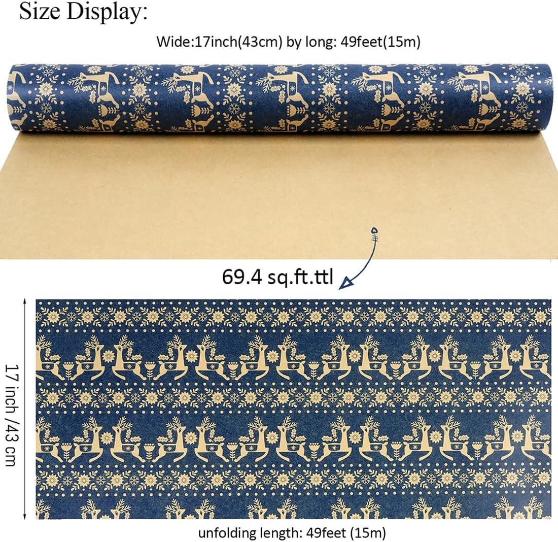 Christmas Wrapping Paper Roll, 43CM X 15M Navy Blue Vintage Xmas Wrapping Paper