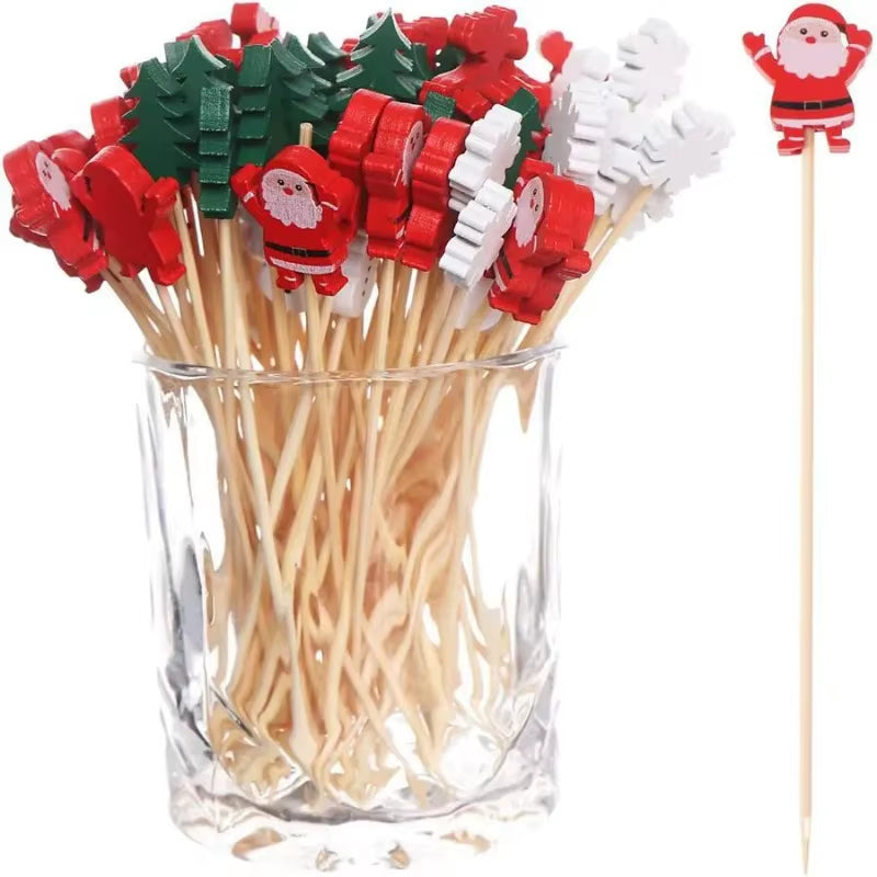 50Pcs/Set Christmas Fruit Sticks Disposable Bamboo Sticks Snowflake Christmas Tree Elk Santa Claus Snowman Sticks Xmas Ornaments