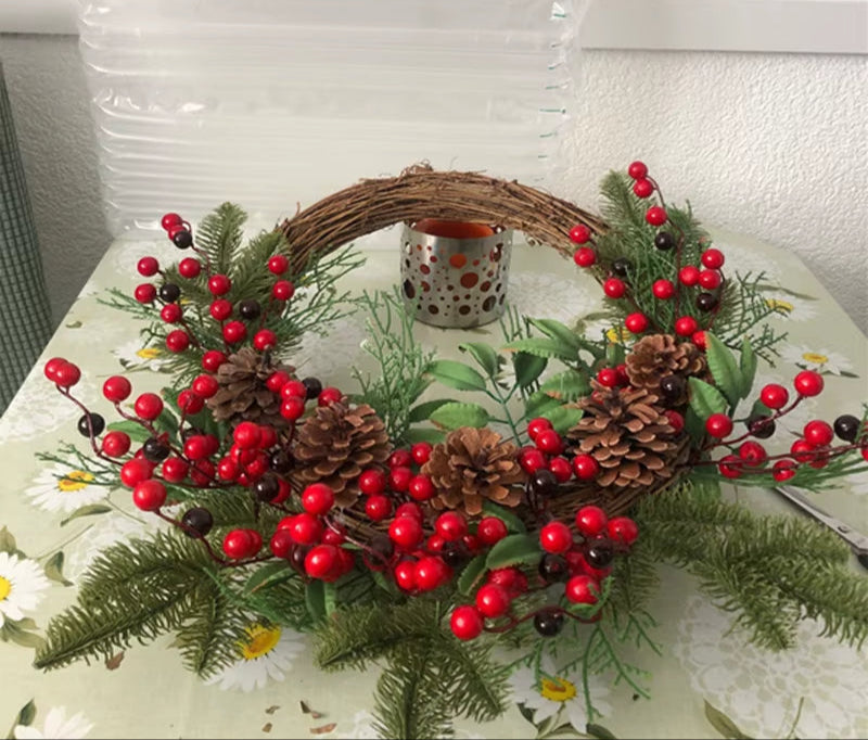 Christmas Rattan Wreath Pine Natural Branches Berries&Pine Cones Christmas Wreath Supplies Home Door Decoration for New Year'S