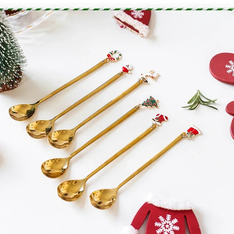 New Year 2021 Stainless Steel Christmas Spoons Xmas Party Coffee Spoon with Christmas Pendant Christmas Decorations Noel Gift
