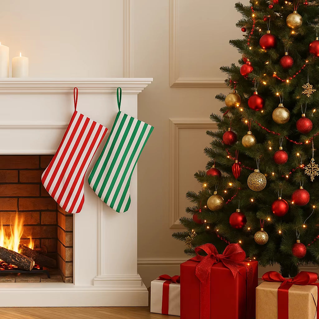 Striped Christmas Stocking for Kids Cute Reusable Canvas Xmas Stockings with Hanging Loop Christmas Decoration