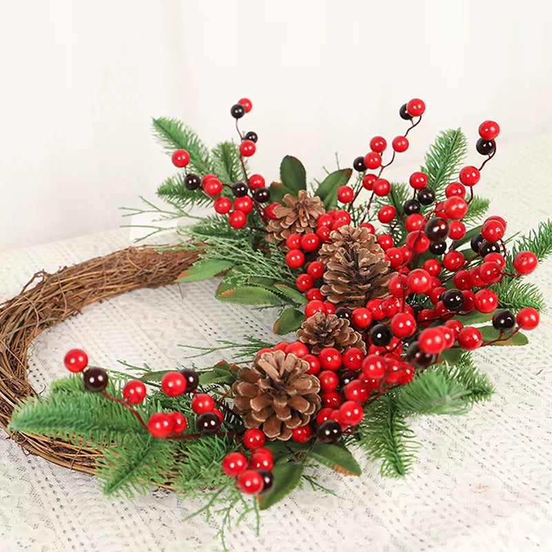 Christmas Rattan Wreath Pine Natural Branches Berries&Pine Cones Christmas Wreath Supplies Home Door Decoration for New Year'S