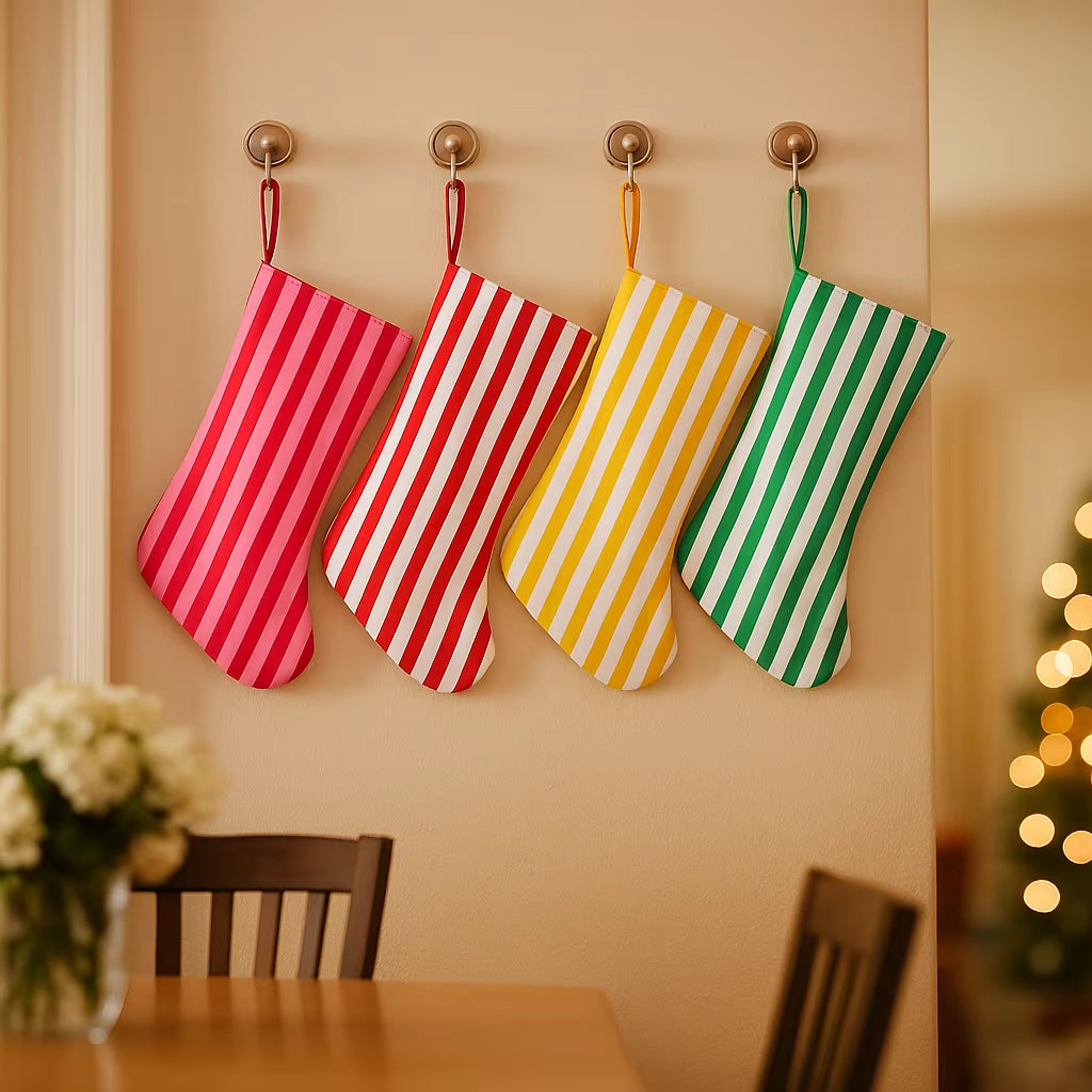 Striped Christmas Stocking for Kids Cute Reusable Canvas Xmas Stockings with Hanging Loop Christmas Decoration
