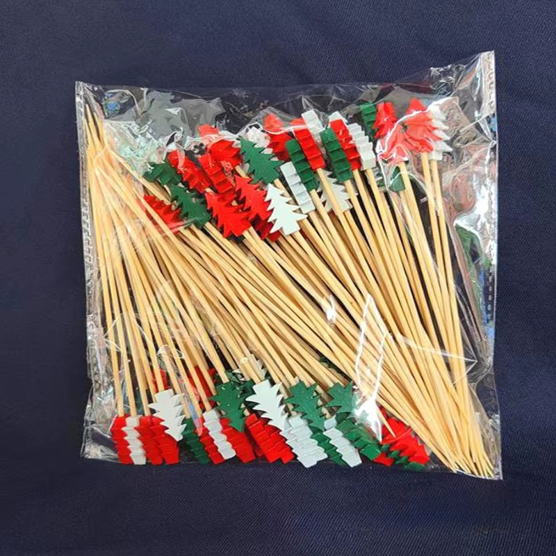 50Pcs/Set Christmas Fruit Sticks Disposable Bamboo Sticks Snowflake Christmas Tree Elk Santa Claus Snowman Sticks Xmas Ornaments