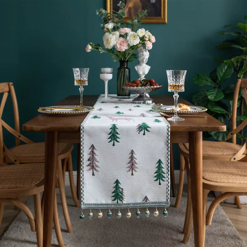 Christmas Tree Table Runner, Winter Holiday Christmas Elk, Dining Cloth Placemat New Year Home Kitchen Rustic Decorations