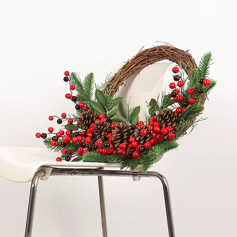 Christmas Rattan Wreath Pine Natural Branches Berries&Pine Cones Christmas Wreath Supplies Home Door Decoration for New Year'S