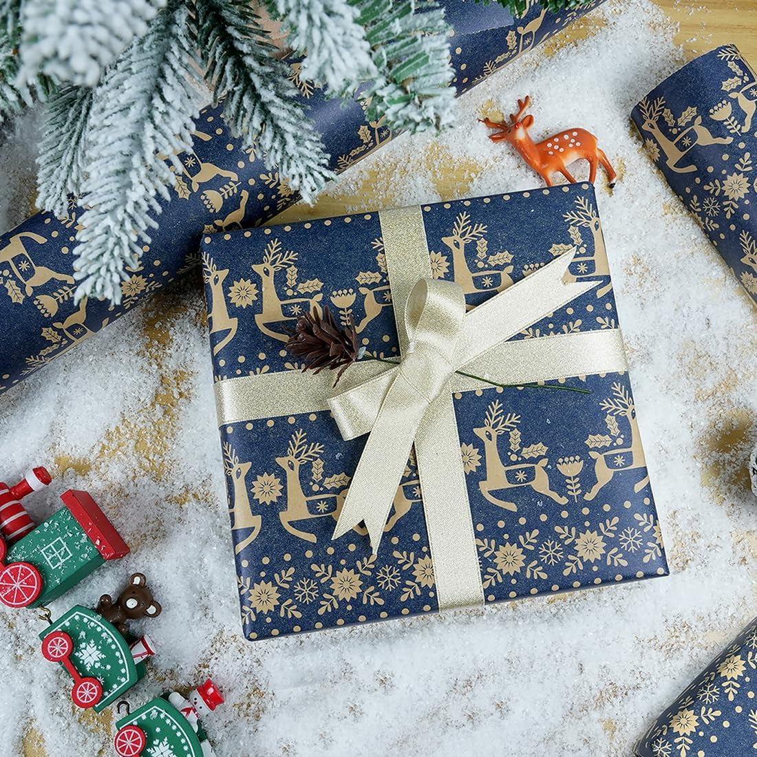Christmas Wrapping Paper Roll, 43CM X 15M Navy Blue Vintage Xmas Wrapping Paper