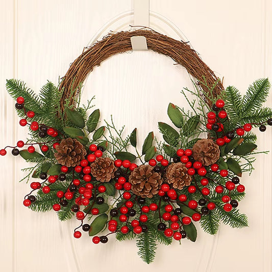 Christmas Rattan Wreath Pine Natural Branches Berries&Pine Cones Christmas Wreath Supplies Home Door Decoration for New Year'S