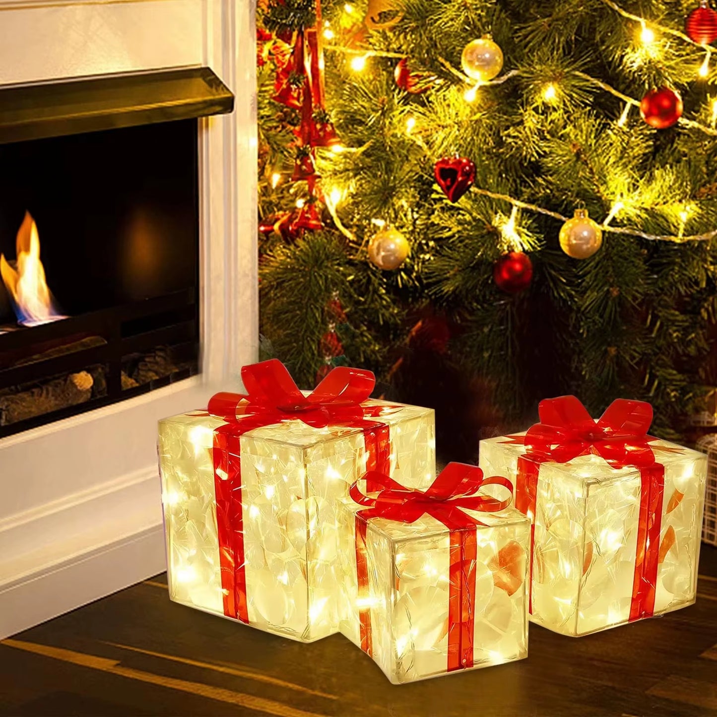 Christmas Glowing Gifts Box Decoration Ornament with Bow Lighting Box Outdoor Light Lighting Xmas New Year 2024 Home Yard Decor