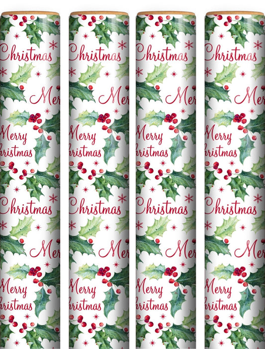 16M (4 X 4M) Traditional Christmas Gift Wrapping Paper Roll - White with Holly